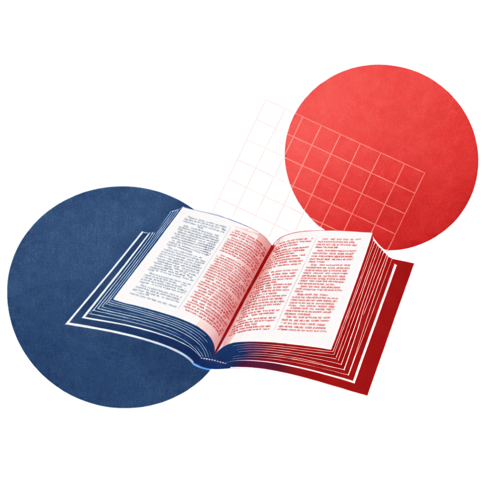 Biblia abierta sobre fondo en duotono navy y carmesí — ilustración representativa de F.I.E.L.